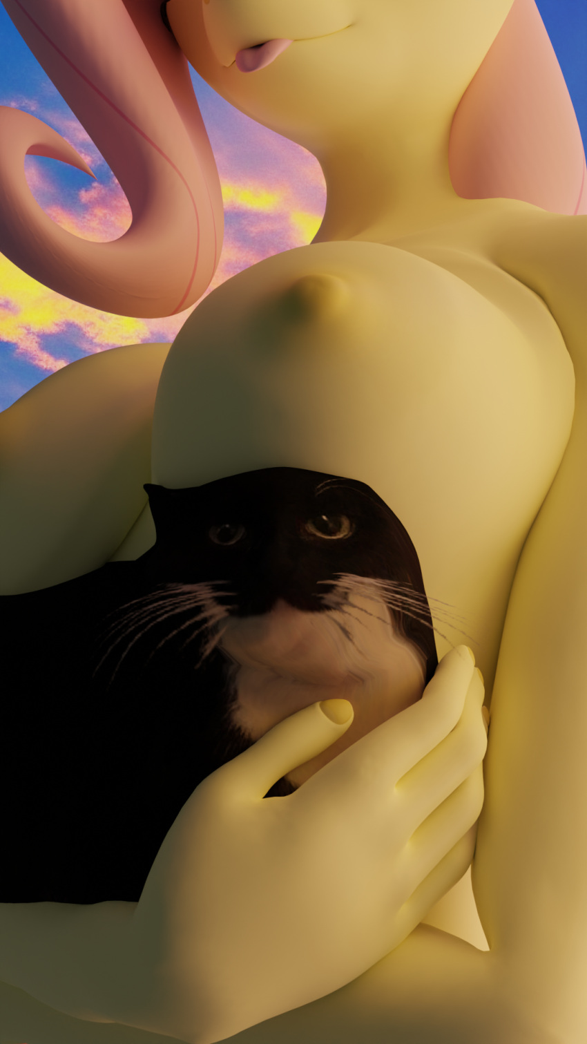 3d_(artwork) :3 ambiguous_gender anthro areola big_breasts black_body black_fur blender_cycles breast_on_head breasts carrying_another casual_nudity cloud countershading digital_media_(artwork) domestic_cat duo embrace equid equine felid feline felis female feral fingers fluttershy_(mlp) friendship_is_magic fur gungagunga hair happy hasbro hi_res hidden_eyes horse mammal maxwell_the_carryable_cat my_little_pony nipples nude outside pink_hair pony sky smile tongue tongue_out whiskers white_body white_fur yellow_body yellow_fur
