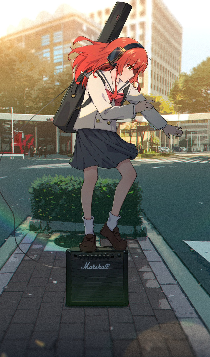 1girl amplifier bangs black_skirt blurry blurry_background bocchi_the_rock! bow bowtie buttons cable city cropped crosswalk dancing day depth_of_field expressionless film_grain floating_hair full_body guitar_case headphones hedge highres instrument_case instrument_on_back jl_tan kita_ikuyo loafers long_hair long_sleeves looking_down looking_to_the_side loose_socks outdoors outstretched_arm pleated_skirt profile rainbow red_bow red_bowtie red_hair romaji_commentary sailor_collar school_uniform serafuku shade shoes skirt socks solo standing_on_object sunlight tree white_sailor_collar white_serafuku white_socks yellow_eyes