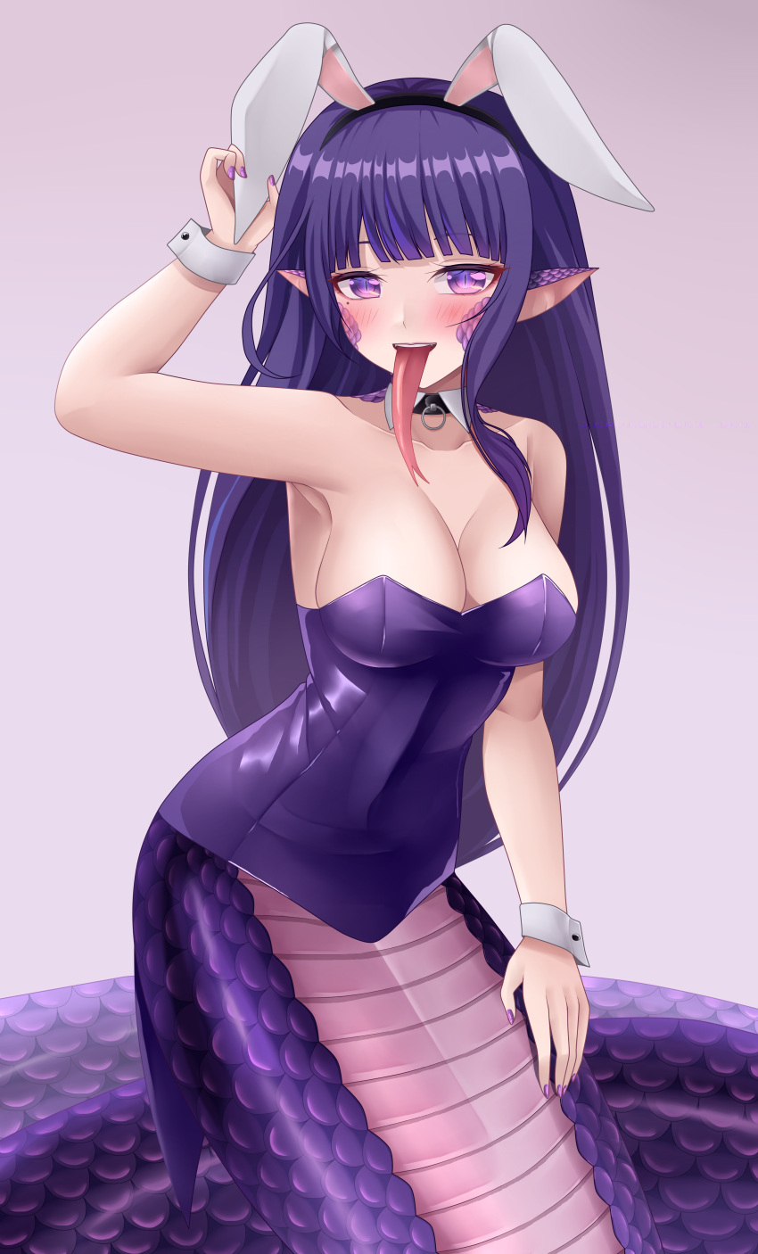 1girl absurdres animal_ears bangs blush breasts cleavage fake_animal_ears genshin_impact happy highres lamia large_breasts leotard long_hair long_tongue looking_at_viewer monster_girl monsterification open_mouth playboy_bunny pointy_ears purple_eyes purple_hair purple_leotard raiden_shogun scales smile solo tongue tongue_out very_long_hair zerorespect_bot