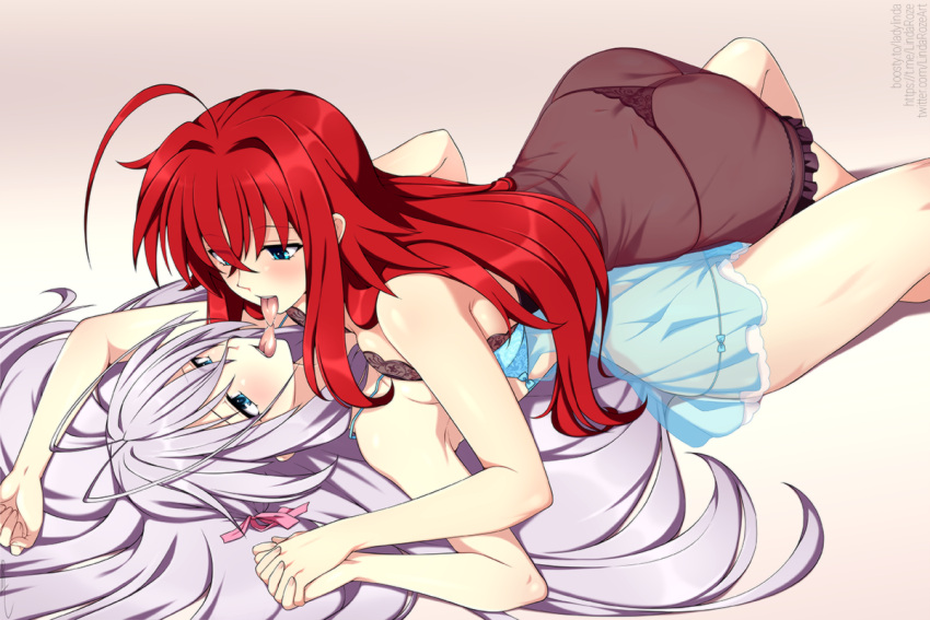 2girls ahoge ass bangs black_negligee blue_eyes blue_negligee breast_press breasts commission crossed_bangs english_commentary eye_contact french_kiss grey_hair hair_between_eyes hair_intakes hair_ribbon hair_spread_out high_school_dxd holding_hands interlocked_fingers kiss large_breasts lindaroze lingerie long_hair looking_at_another lying lying_on_person multiple_girls negligee panties pink_ribbon red_hair rias_gremory ribbon rossweisse saliva see-through simple_background spaghetti_strap string_panties teeth tongue tongue_out underwear upper_teeth_only very_long_hair web_address yuri