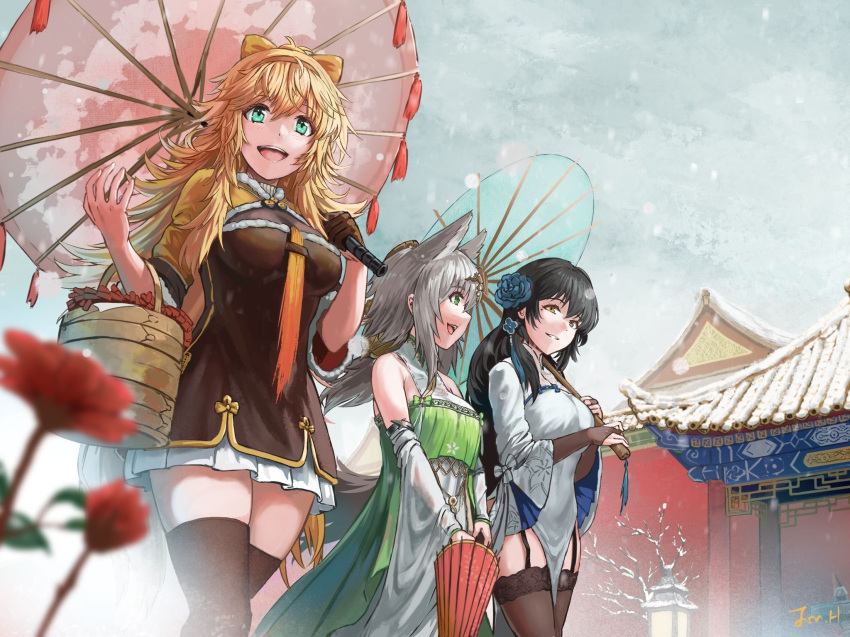 3girls :d animal_ears architecture basket black_hair blonde_hair bow breasts bridal_gauntlets brown_thighhighs china_dress chinese_clothes day detached_sleeves dress east_asian_architecture flower flower_request garter_straps girls'_frontline gloves green_eyes grey_hair hair_between_eyes hair_bow hair_flower hair_ornament hairband half_gloves highres holding holding_basket holding_umbrella jonathan_h ksvk_(girls'_frontline) ksvk_(grasp_of_the_mimosa)_(girls'_frontline) large_breasts light_blush long_hair looking_at_another looking_at_viewer medium_hair messy_hair mole mole_under_eye multiple_girls oil-paper_umbrella open_mouth outdoors s.a.t.8_(girls'_frontline) s.a.t.8_(wintersweet)_(girls'_frontline) signature single_half_glove sleeveless sleeveless_dress smile snow snowing tail teeth thighhighs type_95_(girls'_frontline) type_95_(narcissus)_(girls'_frontline) umbrella upper_teeth_only very_long_hair walking wide_sleeves wolf_ears wolf_tail yellow_eyes