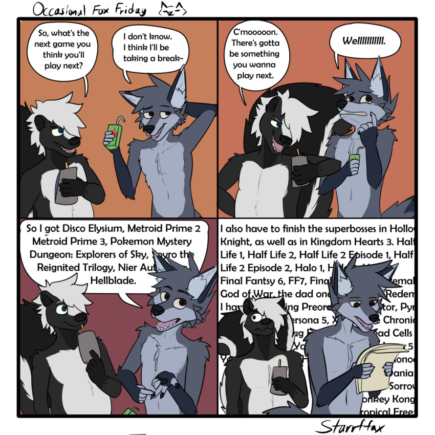 anthro black_body black_fur border canid canine comic dialogue dipstick_ears dipstick_tail duo english_text fox fur grey_body grey_fur hair hand_behind_head hi_res holding_object juice_box looking_at_another male mammal markings mephitid multicolored_body multicolored_ears multicolored_fur simple_background skunk starrffax starrffax_(fox_sona) tail tail_markings text two_tone_body two_tone_fur wall_of_text white_body white_border white_fur white_hair
