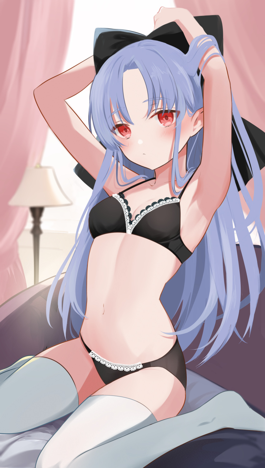1girl absurdres armpits arms_up bangs black_bow black_bra black_panties blue_hair blush bow bra breasts closed_mouth couch curtains demon_girl hair_bow highres indoors lace-trimmed_bra lace_trim lamp len_(tsukihime) light_frown lingerie long_hair looking_at_viewer navel on_couch panties parted_bangs pointy_ears red_eyes rrr_gns_(riuriu_1212) sitting small_breasts solo thighhighs tsukihime underwear underwear_only wariza white_thighhighs window