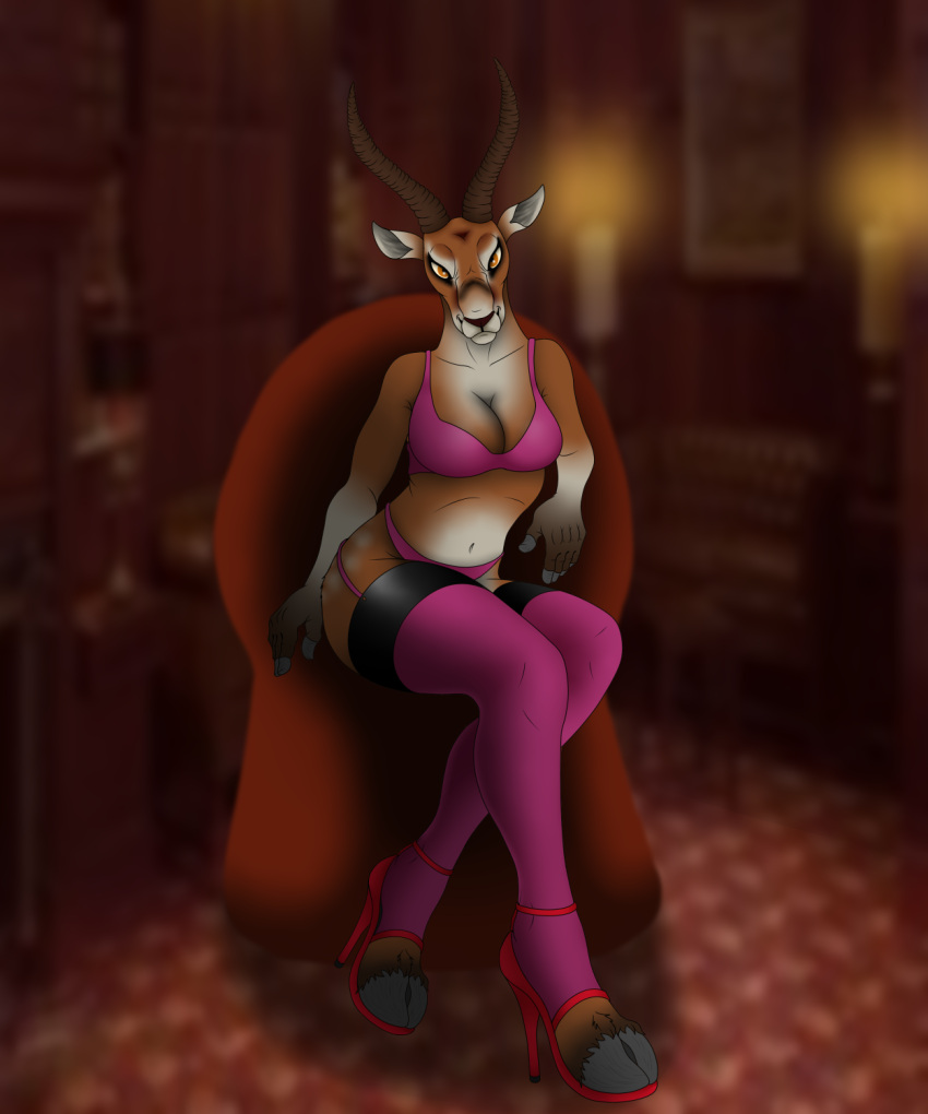 antelope anthro bovid bra breasts cervine chair cleavage clothed clothing deer digital_media_(artwork) female footwear furniture gazelle hi_res high_heels hooves horn legwear lingerie mammal pose rahir_(artist) shoes sitting solo stockings thigh_highs underwear