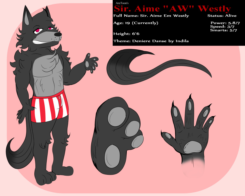 absurd_res aime_westly_(babyaren) anthro babyaren boxers_(clothing) brief canid canine canis clothing digital_drawing_(artwork) digital_media_(artwork) domestic_dog english_text feet french hi_res male mammal model_sheet pawpads solo text underwear widescreen wolf