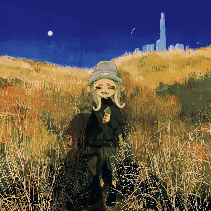 1girl 1other azigashimitoru bag beanie black_footwear black_jacket black_leggings blue_sky city closed_eyes day dot_nose fangs field flipped_hair full_body full_moon grey_hair hand_up hat highres hikimayu holding holding_bag holding_phone horizon jacket leggings long_sleeves medium_hair mole mole_under_eye moon octoling octoling_girl open_mouth out_of_frame outdoors phone pointy_ears pov shadow shoes shopping_bag shoulder_bag sidelocks sky skyline smile splatoon_(series) standing tall_grass tentacle_hair wind
