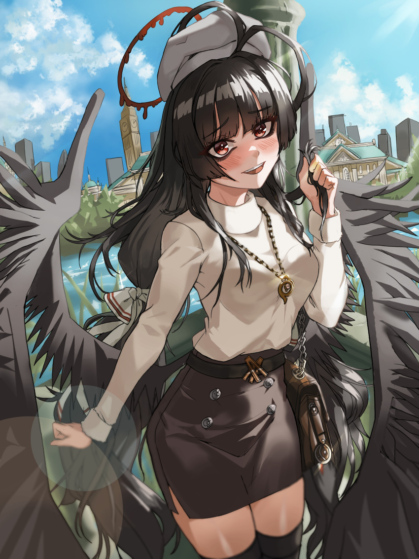 1girl absurdres alternate_costume bags_under_eyes bangs beret black_hair black_skirt black_thighhighs black_wings blood blue_archive breasts cityscape commentary_request feathered_wings hair_ribbon halo hat highres jewelry large_breasts long_hair looking_at_viewer low_twintails necklace outdoors playing_with_own_hair red_eyes ribbon side_slit skirt solo td_(tandeom97) thighhighs tsurugi_(blue_archive) twintails very_long_hair water white_headwear white_ribbon wings zettai_ryouiki
