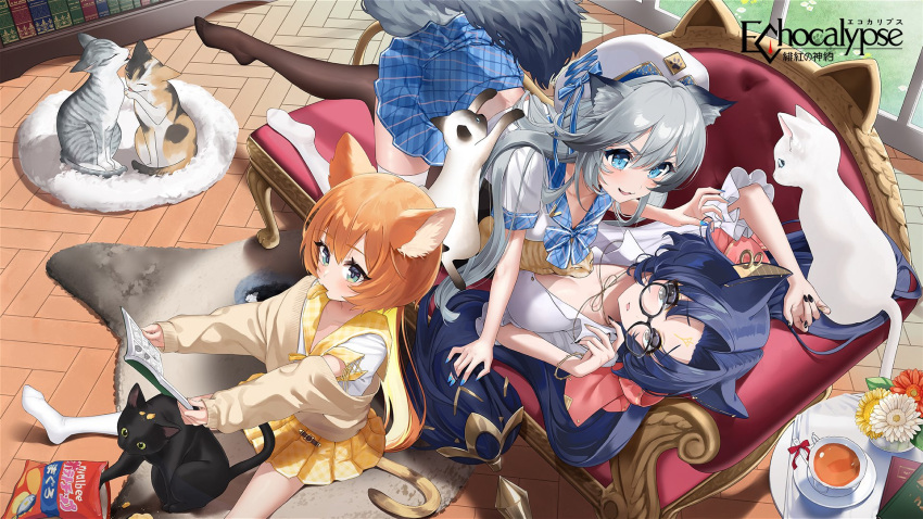 3girls animal_ear_fluff animal_ears bag_of_chips bastet_(echocalypse) blue_eyes blue_hair bow bowtie bracelet cat cat_day character_request chips_(food) collared_shirt couch cup earrings echocalypse flower food food_in_mouth glasses grass green_eyes grey_eyes grey_hair highres jewelry long_hair mikazuki_mika multiple_girls on_couch on_person orange_hair pantyhose plaid plaid_bow plaid_bowtie plaid_sailor_collar plaid_skirt reading shirt skirt tail tea teacup thighhighs white_headwear white_shirt white_thighhighs yellow_skirt