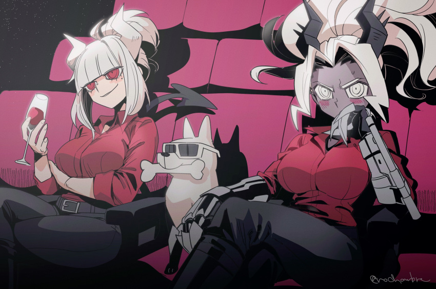 2girls absurdres bangs black_horns black_pants black_tail blunt_bangs blush bone breasts clawed_gauntlets collared_shirt commentary_request cup dark-skinned_female dark_skin demon_girl demon_horns demon_tail dog drinking_glass gauntlets helltaker highres holding holding_cup horns indoors judgement_(helltaker) large_breasts lucifer_(helltaker) mole mole_under_eye movie_theater multiple_girls noah_(tettsui-sole) pants red_eyes red_shirt shirt sitting sleeves_rolled_up smile spiked_horns sunglasses sweatdrop tail theater_seating twitter_username white_eyes white_hair white_horns wine_glass