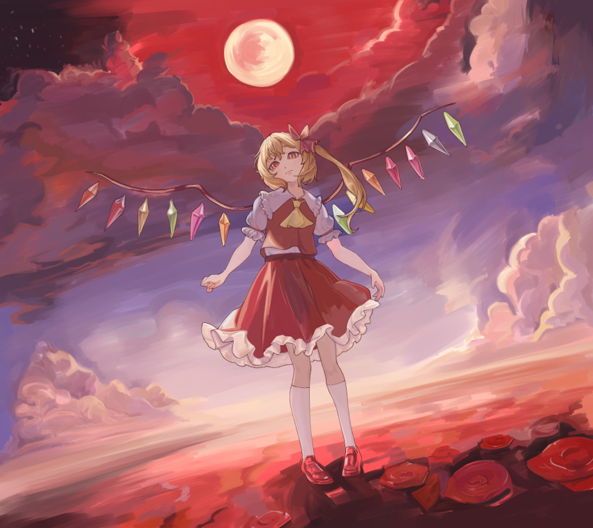1girl ascot blonde_hair closed_eyes cloud cloudy_sky crystal flandre_scarlet frilled_shirt_collar frilled_skirt frilled_sleeves frills full_body hair_between_eyes head_tilt highres kneehighs korean_commentary long_hair moon multicolored_wings no_headwear one_side_up outdoors pigeon-toed puffy_short_sleeves puffy_sleeves red_eyes red_footwear red_moon red_skirt red_sky red_vest shirt shoes short_sleeves skirt skirt_set sky socks solo syc2159 touhou vest white_shirt white_socks wings yellow_ascot
