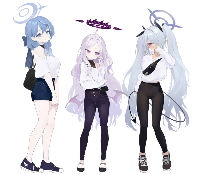 3girls ahoge ako_(blue_archive) alternate_costume armpit_crease bag bangs black_footwear black_pants blue_archive blue_bow blue_eyes blue_footwear blue_hair bow casual choker closed_mouth commentary contemporary contrapposto covered_navel covering_mouth demon_tail demon_wings denim denim_shorts flats forehead full_body hair_bow hair_over_one_eye halo halterneck handbag high-waist_pants highres hina_(blue_archive) hood hoodie iori_(blue_archive) jeans light_frown light_purple_hair light_smile long_hair looking_at_viewer multiple_girls no_horns off_shoulder pants parted_bangs purple_eyes red_eyes shirt shoes shorts shou_xun_bu_liang simple_background sleeves_past_wrists sneakers standing tail thigh_gap twintails very_long_hair wavy_hair white_background white_hair white_hoodie white_shirt wings yoga_pants