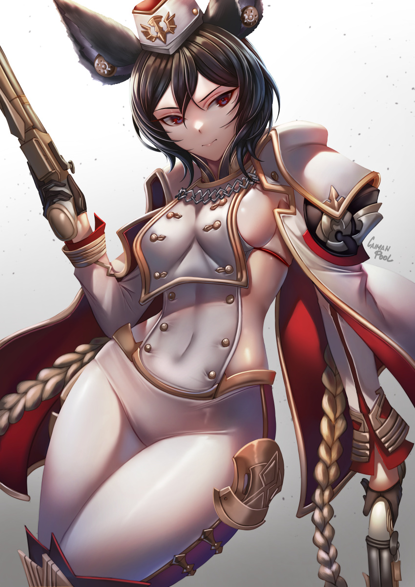 1girl absurdres animal_ears armor artist_name black_gloves black_hair breast_curtain breasts caiman_pool closed_mouth coat covered_navel dual_wielding erune garrison_cap gloves granblue_fantasy gun hair_between_eyes half_gloves hand_up handgun hat highres holding holding_gun holding_weapon ilsa_(granblue_fantasy) large_breasts looking_to_the_side military military_hat military_uniform pants red_eyes short_hair shoulder_armor sideless_outfit simple_background solo uniform weapon white_coat white_pants