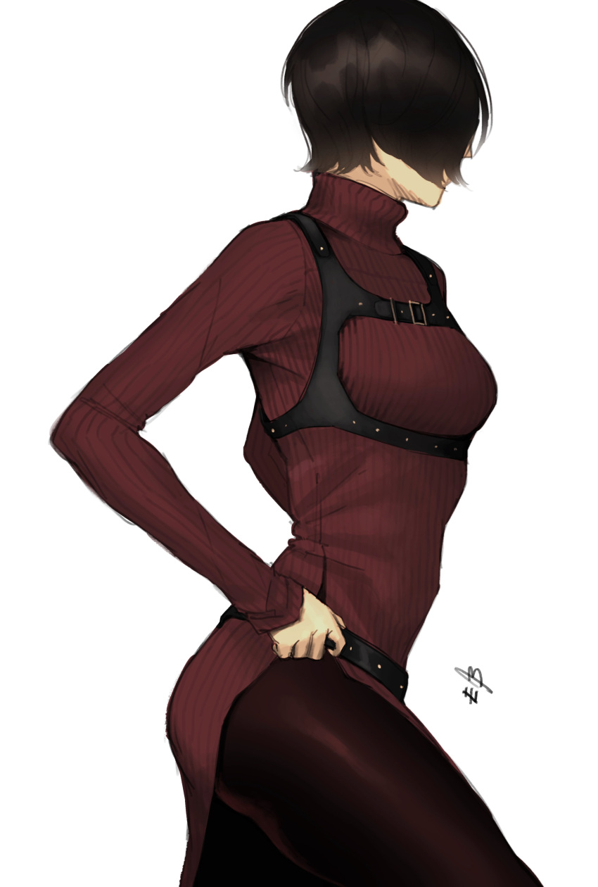 1girl absurdres ada_wong belt belt_buckle black_hair black_pants breasts buckle cowboy_shot english_commentary ericson_blum from_side harness highres holster long_sleeves medium_breasts pants red_sweater resident_evil resident_evil_4 resident_evil_4_(remake) ribbed_sweater short_hair shoulder_holster signature sketch solo sweater turtleneck turtleneck_sweater white_background