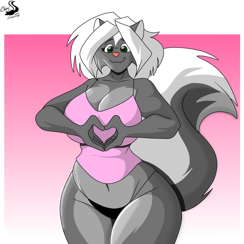 anthro big_breasts black_clothing black_underwear breasts chrisandcompany clothing digital_drawing_(artwork) digital_media_(artwork) female fur gesture gradient_background green_eyes grey_body grey_fur hair hand_heart hi_res kelsey_sienna legs_together mammal mephitid pink_camisole simple_background skunk solo tail underwear watermark white_hair wide_hips