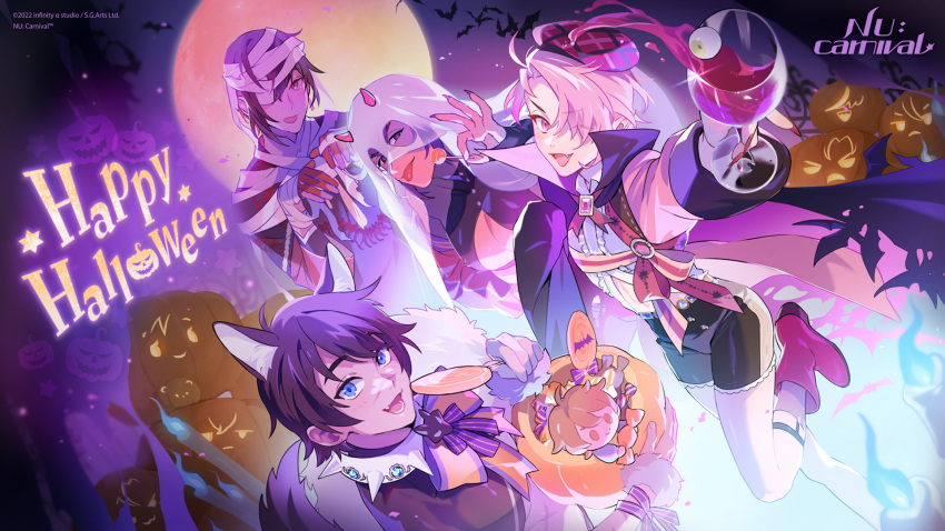 4boys :p androgynous animal_ears aster_(nu_carnival) blue_eyes blush brown_hair candy character_doll collar cup demon_boy demon_horns drinking_glass eiden_(nu_carnival) food garu_(nu_carnival) gem halloween halloween_bucket halloween_costume happy_halloween highres holding holding_candy holding_cup holding_food holding_lollipop horns jack-o'-lantern lollipop long_sleeves looking_at_viewer male_focus morvay_(nu_carnival) multiple_boys mummy_costume nu_carnival official_art orange_eyes pink_eyes pink_hair pointy_ears pumpkin purple_hair red_horns scar scar_on_arm scar_on_face scar_on_nose short_hair spiked_collar spikes swirl_lollipop tongue tongue_out vampire vampire_costume wine_glass wolf_boy wolf_ears yakumo_(nu_carnival)