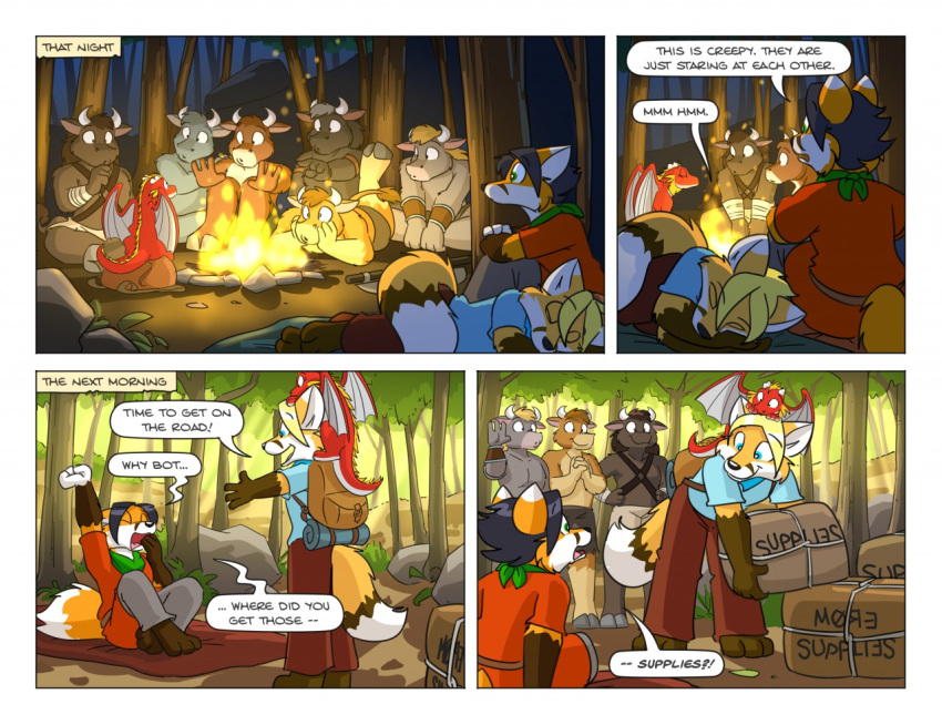 anthro barbarian bedding blanket blue_eyes bottomwear bovid brown_body brown_fur campfire canid canine cartoonwolf clothing comic day dialogue dipstick_ears dipstick_tail dragon ears_back english_text eyes_closed fire forest fox fur green_eyes group holding_object hooves horn looking_at_another male mammal markings multicolored_ears night open_mouth orange_body orange_fur outside pants parcel pink_tongue pivoted_ears plant red_body red_skin reynard_foxglove rock scarf shorts sitting sitting_on_ground sleeping tail tail_markings text tongue tree trio tunic w.j._billbox white_body white_fur