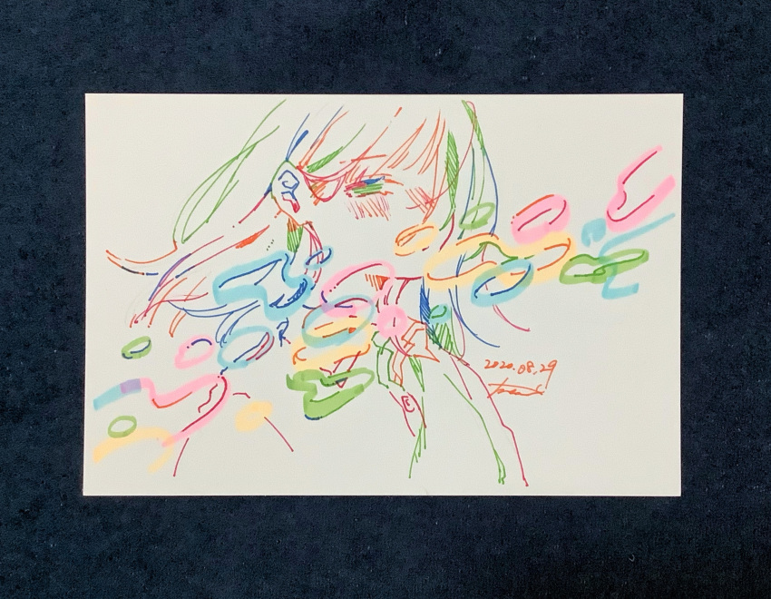 1girl absurdres bangs bubble collared_shirt dated floating_hair hair_over_one_eye highres long_hair marker_(medium) one_eye_covered original pen_(medium) shirt signature simple_background solo traditional_media upper_body watanabe_tomari white_background