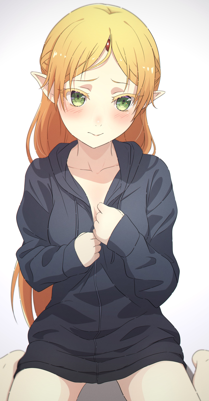 1girl absurdres blonde_hair blush breasts camui1104 closed_mouth collarbone colored_eyelashes elf forehead_jewel green_eyes grey_hoodie highres hood hoodie isekai_ojisan long_hair medium_breasts oversized_clothes parted_hair pointy_ears shadow simple_background sitting solo sui_(isekai_ojisan) tareme unzipping wariza