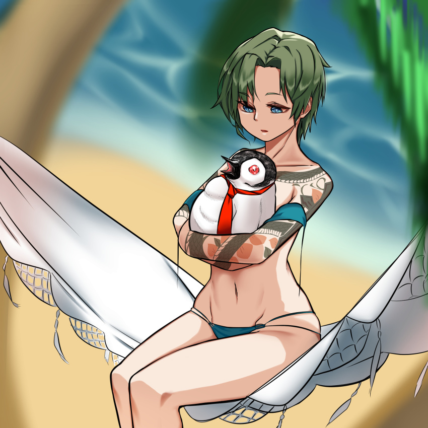 1girl arm_tattoo bangs beach bird black_survival blue_background blue_eyes blurry blurry_background commentary_request feet_out_of_frame green_hair hammock highres holding_hands lenox_(black_survival) navel necktie open_mouth palm_tree parted_bangs penguin red_necktie rinyamame sand short_hair sitting snake_tattoo solo tattoo tree water