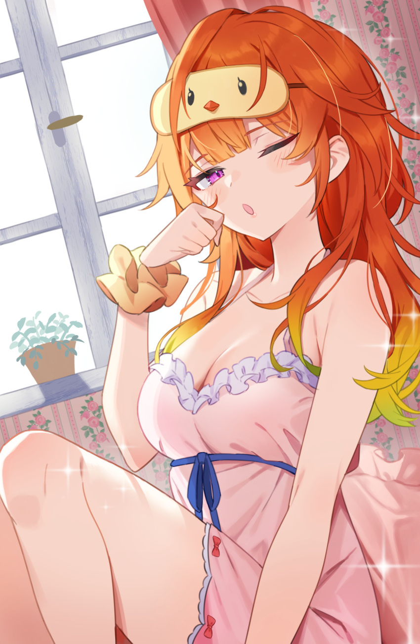 1girl ;o bangs blunt_bangs blush commentary_request dress frills gukurosawa01 hand_up highres hololive hololive_english kfp long_hair looking_at_viewer multicolored_hair nightgown one_eye_closed orange_hair pajamas pink_dress pink_nightgown plant potted_plant scrunchie sitting sleep_mask sleepwear solo streaked_hair takanashi_kiara thighs virtual_youtuber window wrist_scrunchie