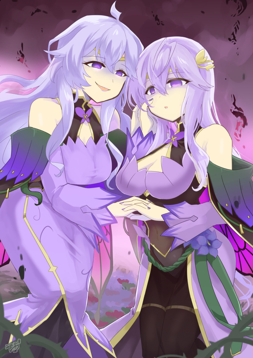 2girls bangs bare_shoulders breasts cleavage corruption covered_navel dated deirdre_(fire_emblem) detached_sleeves dress fire_emblem fire_emblem:_genealogy_of_the_holy_war fire_emblem_heroes hand_on_another's_hand hand_on_own_cheek hand_on_own_face highres holding_hands julia_(fire_emblem) light_purple_hair long_hair mother_and_daughter multiple_girls official_alternate_costume plant purple_dress purple_eyes sidelocks smile vines yukia_(firstaid0)