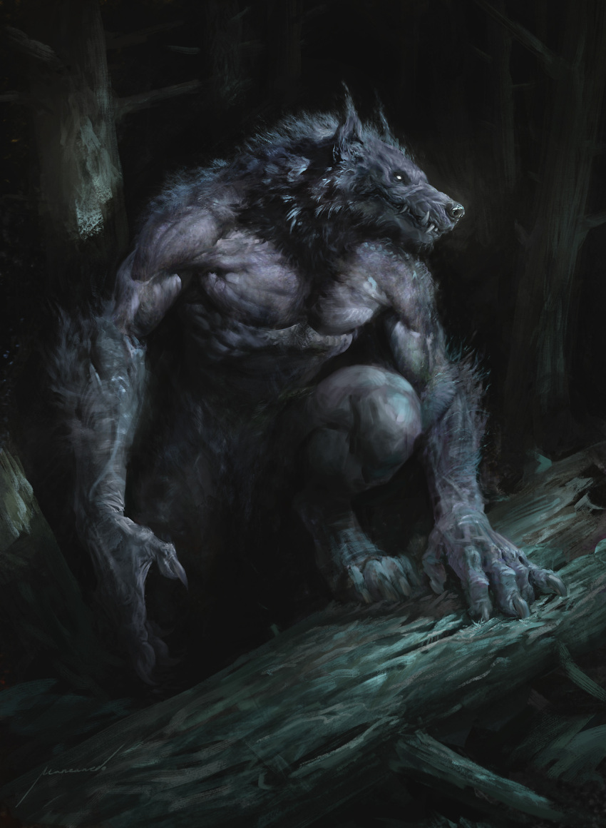 anthro biped black_nose canid canine cheek_tuft claws detailed detailed_fur digitigrade facial_tuft fangs finger_claws fur grey_body grey_fur hi_res inner_ear_fluff light looking_aside male mammal manzanedo moonlight muscular muscular_anthro muscular_male plant shaded snout solo teeth toe_claws tree tuft were werecanid werecanine werewolf white_eyes