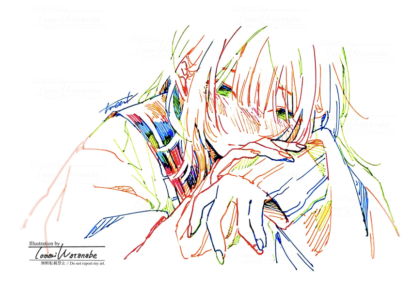 1girl absurdres artist_name bangs cardigan closed_mouth colorful hatching_(texture) head_rest highres long_hair long_sleeves looking_at_viewer original pen_(medium) sailor_collar school_uniform serafuku signature simple_background solo traditional_media upper_body watanabe_tomari watermark white_background