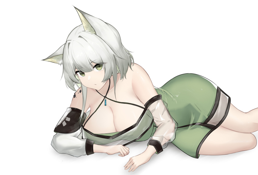 1girl absurdres animal_ears arknights bare_shoulders breasts cat_ears cleavage commentary_request dress feet_out_of_frame green_dress green_eyes highres kal'tsit_(arknights) large_breasts long_sleeves looking_at_viewer lying off-shoulder_dress off_shoulder pencil_dress sarea_(sarea2020) short_hair simple_background solo thighs white_background white_hair