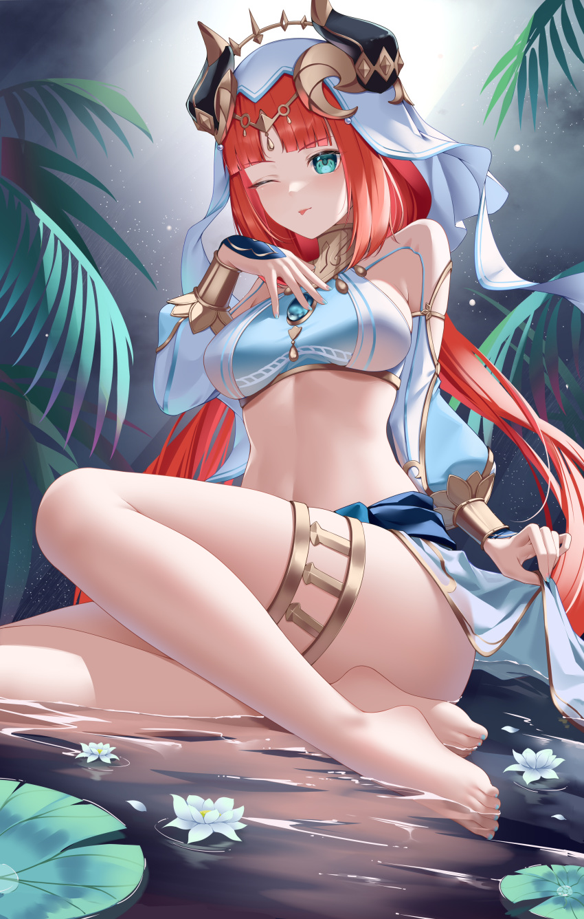 1girl ;p absurdres aqua_eyes bangs bare_legs barefoot bingchuan_xian_yu_huang blue_skirt blunt_bangs bracer breasts brooch circlet crop_top detached_sleeves fake_horns feet flower full_body genshin_impact hand_up harem_outfit highres horns jewelry legs lily_pad linea_alba long_hair long_sleeves looking_at_viewer low_twintails medium_breasts nail_polish neck_ring nilou_(genshin_impact) one_eye_closed palm_leaf parted_bangs puffy_long_sleeves puffy_sleeves red_hair shallow_water sitting sitting_on_water skirt skirt_hold solo stomach thighlet toenail_polish toenails toes tongue tongue_out twintails very_long_hair water water_lily_flower white_flower yokozuwari