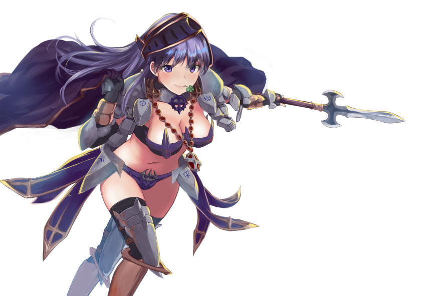 1girl armor asymmetrical_gloves bikini_armor black_gloves black_thighhighs breasts cape cleavage closed_mouth clothes_grab clover elbow_gloves eyelashes fingerless_gloves floating_cape floating_clothes floating_hair four-leaf_clover gloves highres holding holding_polearm holding_weapon left-handed long_hair looking_at_viewer medium_breasts mouth_hold navel polearm purple_armor purple_eyes purple_hair ragnarok_online royal_guard_(ragnarok_online) sail_(sail-away) shoulder_armor simple_background single_fingerless_glove smile solo spear thighhighs weapon white_background