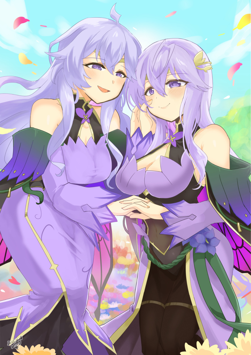 2girls bangs bare_shoulders blue_sky breasts cleavage covered_navel dated deirdre_(fire_emblem) detached_sleeves dress falling_petals fire_emblem fire_emblem:_genealogy_of_the_holy_war fire_emblem_heroes flower hand_on_another's_hand hand_on_own_cheek hand_on_own_face highres holding_hands julia_(fire_emblem) light_purple_hair long_hair mother_and_daughter multiple_girls official_alternate_costume petals purple_dress purple_eyes sidelocks sky smile yukia_(firstaid0)