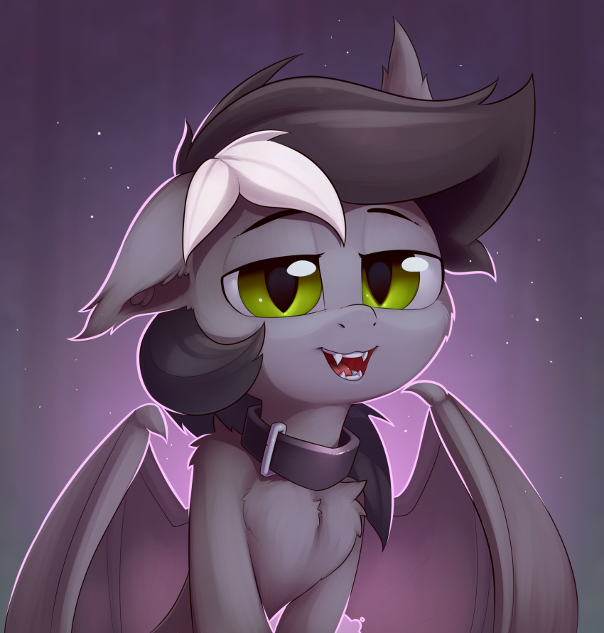 absurd_res ambiguous_gender anti1mozg bat_pony bat_wings black_hair chest_tuft claws collar digital_media_(artwork) ear_tuft equid eyebrows fan_character fangs feral fur green_eyes grey_body grey_fur hair hasbro hi_res inner_ear_fluff mammal membrane_(anatomy) membranous_wings multicolored_hair my_little_pony open_mouth open_smile pupils sharp_teeth shoulder_tuft slit_pupils smile spread_wings teeth tuft two_tone_hair white_hair wing_claws wings