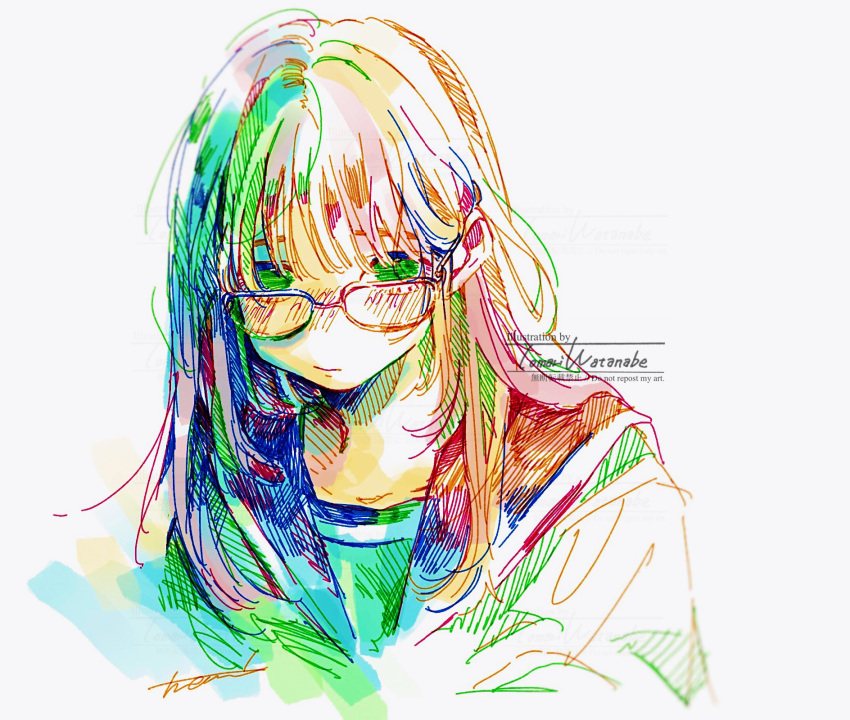 1girl artist_name bangs closed_mouth colorful commentary_request glasses highres long_hair looking_at_viewer looking_over_eyewear marker_(medium) original pen_(medium) sailor_collar sailor_shirt school_uniform serafuku shirt signature simple_background solo traditional_media upper_body watanabe_tomari watermark white_background