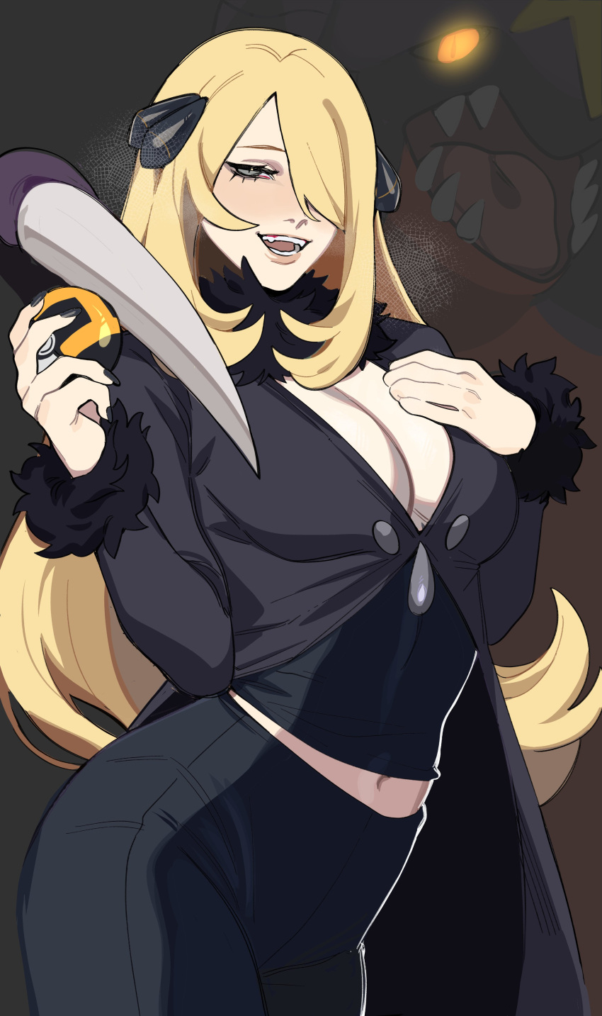 1girl absurdres bangs black_coat black_nails black_pants black_shirt blonde_hair breasts cleavage coat cynthia_(pokemon) fur-trimmed_coat fur_collar fur_trim garchomp grey_eyes hair_ornament hair_over_one_eye highres long_hair long_sleeves looking_at_viewer navel pants poke_ball pokemon pokemon_(game) pokemon_dppt porqueloin sharp_teeth shirt smile solo teeth ultra_ball v-neck very_long_hair wavy_hair