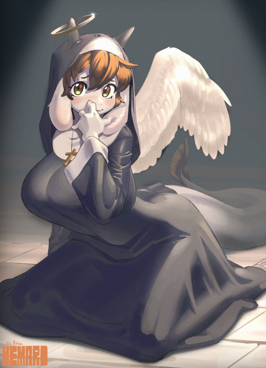 absurd_res ambiguous_species anthro big_breasts blush breasts brown_hair clothing cross cross_necklace dragon_tail feathered_wings feathers female flesh_fang floppy_ears hair halo hand_on_face hi_res horn jewelry kemari kemono kneeling long_tail looking_at_viewer necklace nun nun_habit nun_outfit orange_eyes tail tight_clothing wings yellow_eyes