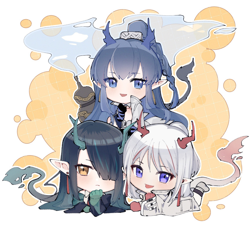 3girls :p :t arknights arm_support black_hair black_jacket blue_eyes blue_hair blue_skin blush border chibi colored_skin dragon_girl dragon_horns dragon_tail dusk_(arknights) earrings gourd gradient_hair green_hair green_skin hair_over_one_eye highres horns jacket jewelry kharu11 ling_(arknights) long_hair lying multicolored_hair multiple_girls necktie nian_(arknights) off_shoulder on_stomach open_mouth pointy_ears ponytail purple_eyes red_necktie red_skin shirt simple_background smoke tail tassel tassel_earrings tongue tongue_out very_long_hair white_background white_jacket white_shirt yellow_background yellow_eyes