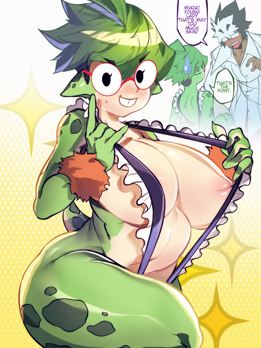 amphibian anthro asian_mythology big_breasts breasts buckteeth duo east_asian_mythology eyewear female glasses green_body green_hair hair hi_res humanoid japanese_mythology kappa kappa_lui_wan male mythology nsartist short_stack spots spotted_body spotted_skin teeth thick_thighs wide_hips yokai