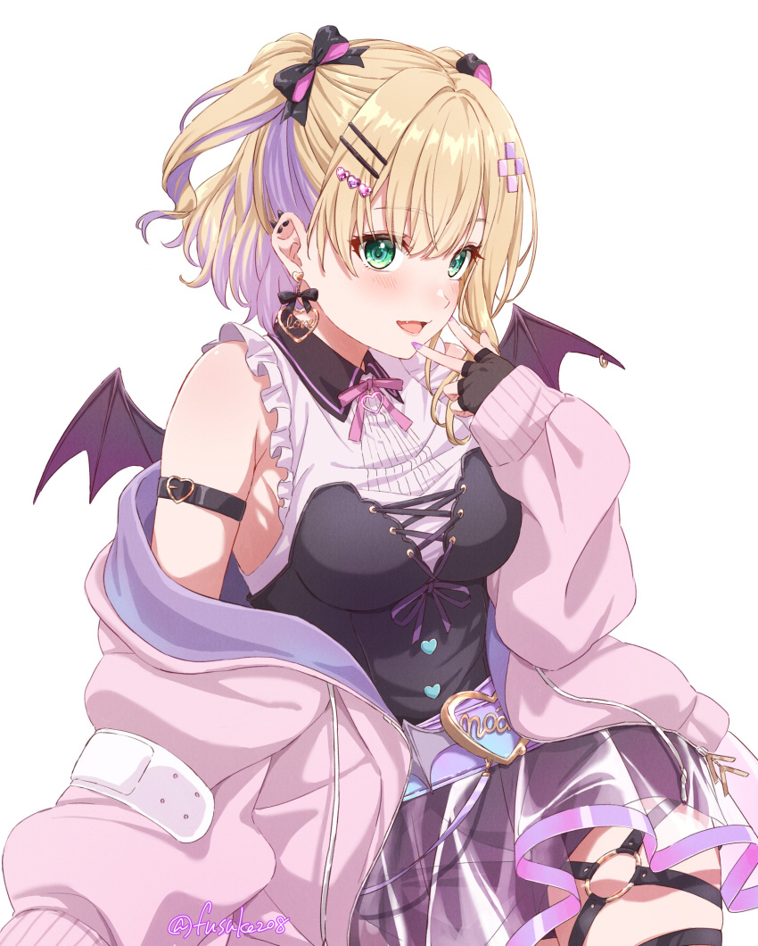 1girl absurdres arm_belt bangs belt black_gloves blonde_hair bodice bow breasts collared_shirt ear_piercing earrings fang fingers fuusuke_(fusuke208) gloves green_eyes hair_bow hair_ornament hairclip highres iris_black_games jacket jewelry kurumi_noah looking_at_viewer medium_hair multicolored_hair o-ring o-ring_thigh_strap off_shoulder open_mouth piercing pink_jacket pink_shirt purple_eyes purple_shorts see-through see-through_skirt shirt short_hair shorts skirt sleeveless sleeveless_shirt small_breasts solo thigh_strap twitter_username two-tone_hair two_side_up v_over_eye virtual_youtuber vspo! white_background wing_piercing wings