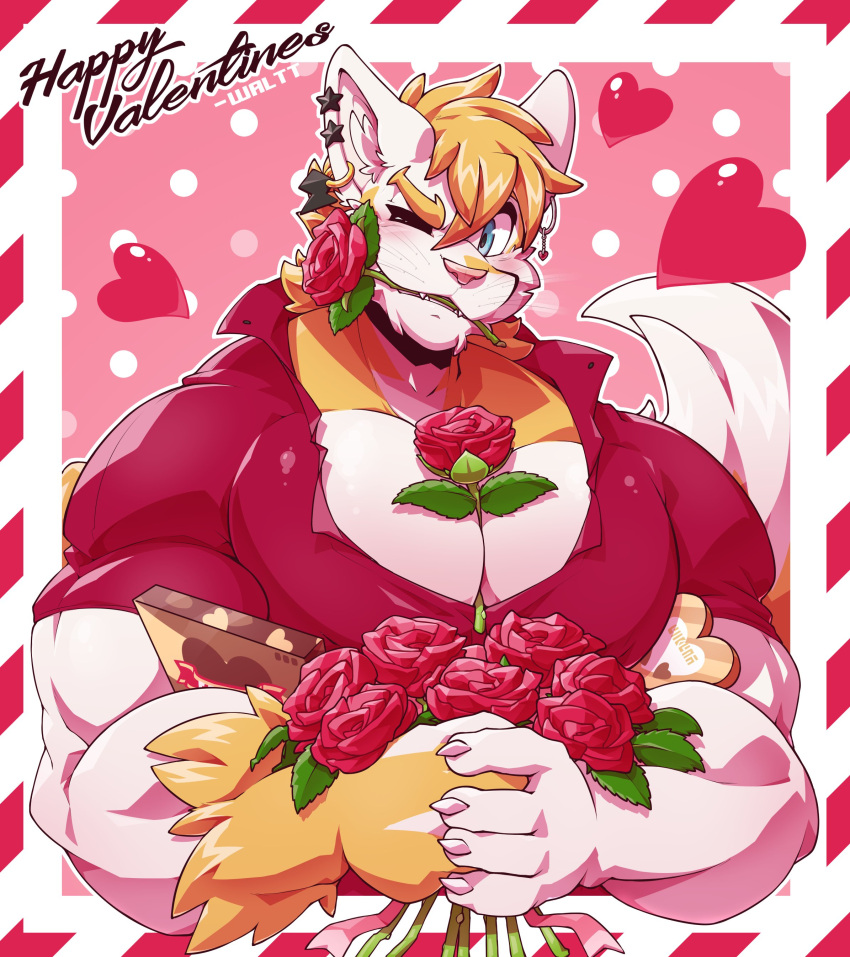 &lt;3 absurd_res anthro between_pecs big_muscles big_pecs blue_eyes blush border box_of_chocolates candy chocolate clothing collared_shirt dessert domestic_cat ear_piercing felid feline felis flower flower_between_breasts flower_in_mouth food fur hi_res holding_flower holding_flower_pot holding_object holding_plant holding_rose holidays looking_at_viewer male mammal multicolored_body multicolored_fur muscular muscular_anthro muscular_male myiko object_in_mouth one_eye_closed outside_border pecs piercing pink_nose plant popped_collar red_clothing red_dress_shirt red_shirt red_topwear rose_(flower) shirt solo topwear two_tone_body two_tone_fur unbuttoned_shirt utau valentine's_day waltt whiskers white_body white_fur yellow_body yellow_fur