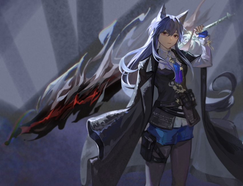 1girl absurdres animal_ear_fluff animal_ears arknights arm_up black_jacket black_pantyhose black_vest blue_gloves blue_hair blue_shorts commentary_request fingerless_gloves gloves highres holding holding_sword holding_weapon jacket jacket_on_shoulders kongbaijun936 legwear_under_shorts long_hair long_sleeves looking_at_viewer pantyhose parted_lips procreate_(medium) red_eyes shirt short_shorts shorts solo standing sword texas_(arknights) texas_the_omertosa_(arknights) vest weapon white_shirt