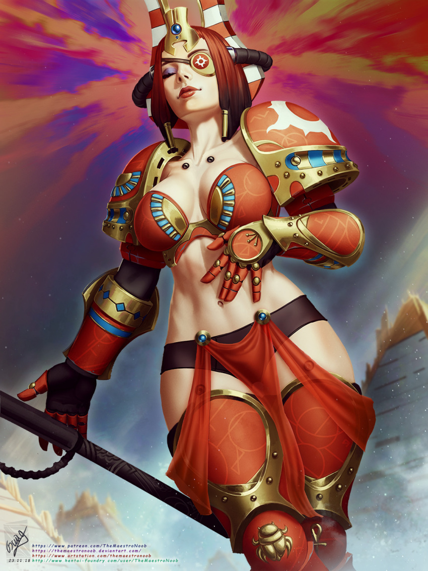 1girl adeptus_astartes armor armored_boots artist_name bangs bikini_armor blue_sky blunt_bangs bob_cut boots breasts cleavage closed_eyes closed_mouth collarbone egyptian egyptian_architecture eyeliner eyepatch gauntlets helmet highres holding holding_staff lips makeup navel outdoors pauldrons pelvic_curtain power_armor red_hair short_hair shoulder_armor sky smile solo space_marine staff stomach themaestronoob thousand_sons warhammer_40k web_address