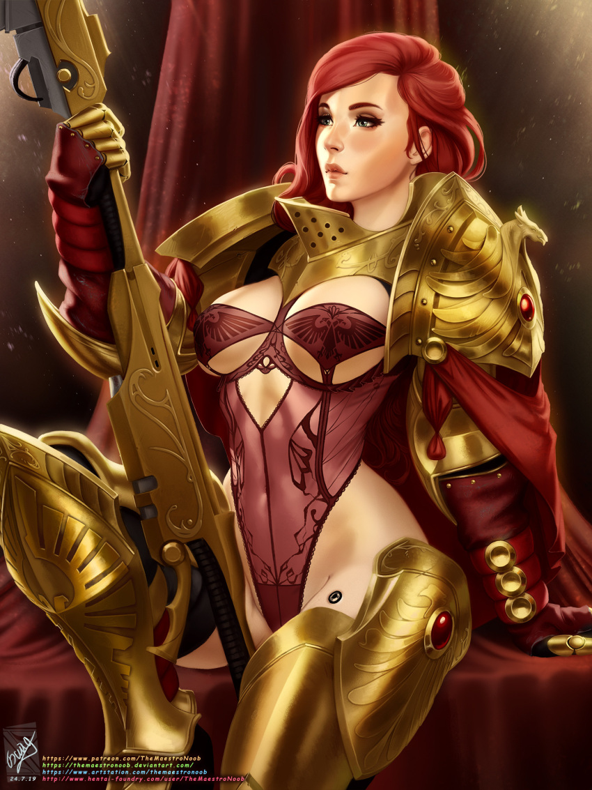 1girl adeptus_custodes armor armored_boots artist_name bangs boots bra breasts cleavage closed_mouth gauntlets gold_armor green_eyes highres holding holding_polearm holding_weapon imperium_of_man lingerie lips long_hair navel pauldrons polearm power_armor red_bra red_curtains red_hair shoulder_armor sitting solo space_marine stomach themaestronoob underwear warhammer_40k weapon web_address