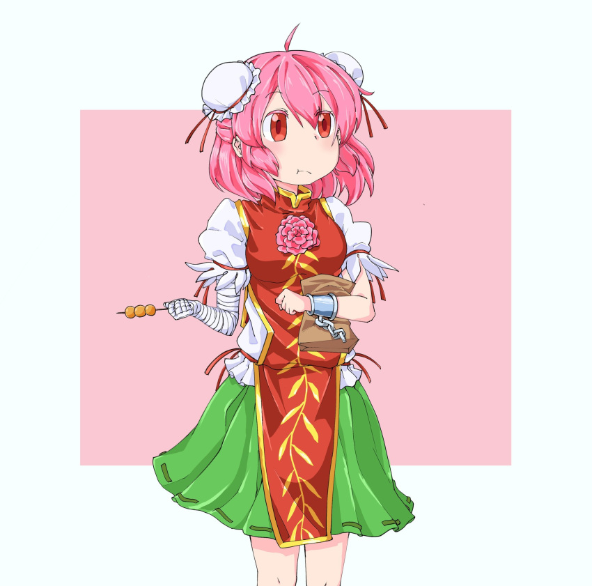 1girl :t ahoge bag bandaged_arm bandages bangs blush bun_cover chain closed_mouth cuffs dango double_bun eating expressionless feet_out_of_frame flower food green_skirt hair_between_eyes hair_bun highres ibaraki_kasen irukanoirukaman looking_afar medium_hair paper_bag pink_flower pink_hair red_eyes shackles shirt short_sleeves skirt solo tabard touhou wagashi white_background white_shirt