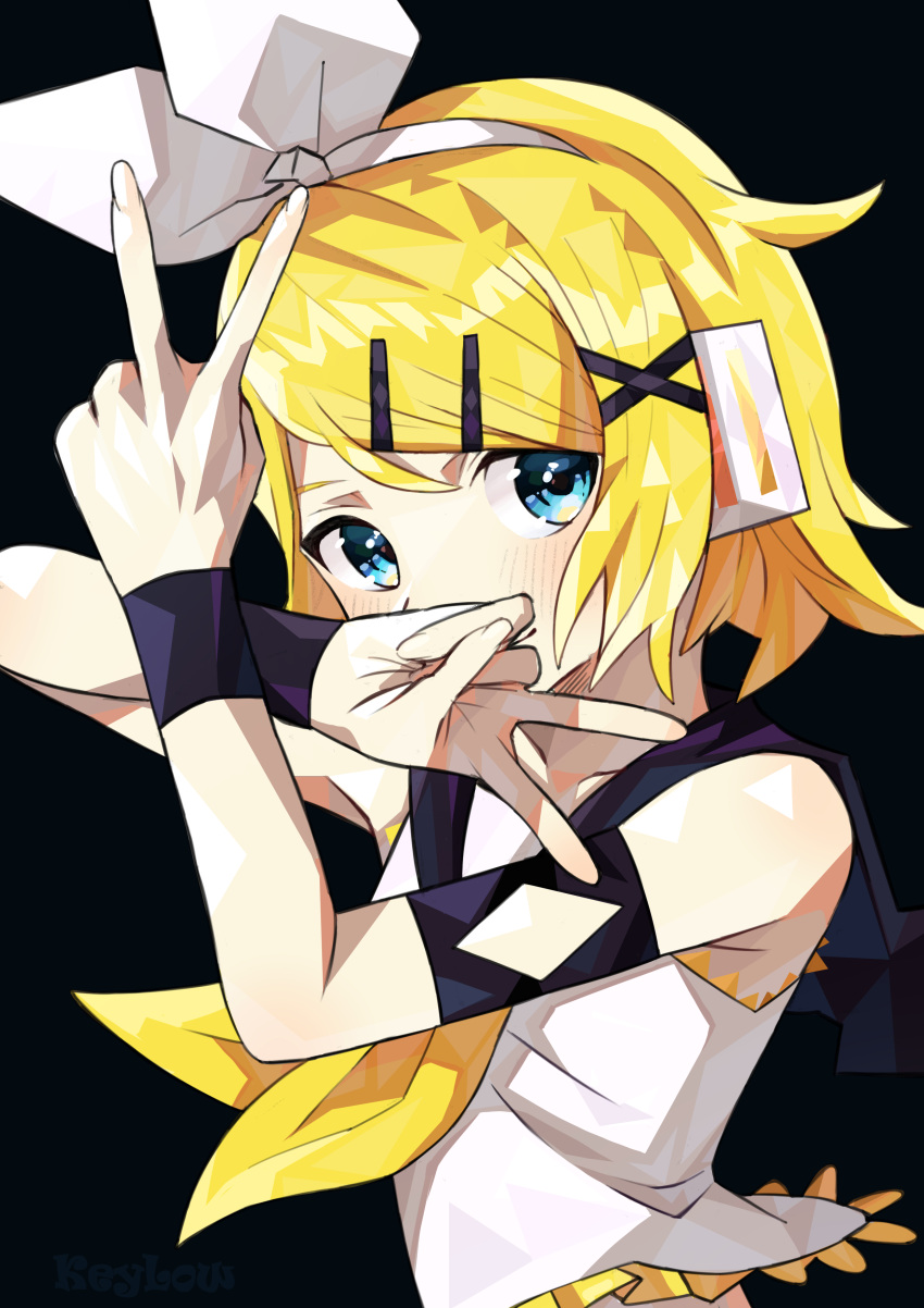 1girl absurdres aqua_eyes armband bare_shoulders blonde_hair blue_eyes blush bow covering_own_mouth crop_top double_v flat_chest hair_bow hair_ornament hairclip headphones headset highres kagamine_rin keylow looking_at_viewer narrow_waist neckerchief sailor_collar shirt skinny sleeveless sleeveless_shirt smile solo swept_bangs v vocaloid white_bow wristband yellow_neckerchief