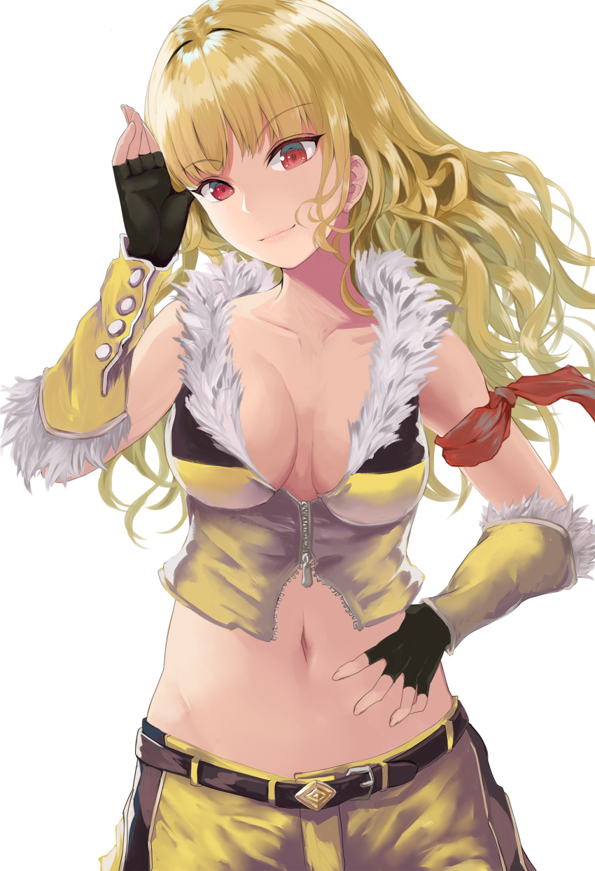 1girl armband belt blonde_hair breasts cecil_damon closed_mouth collarbone commentary crop_top fingerless_gloves fur_trim gloves green_gloves groin hand_on_hip hand_up highres long_hair looking_at_viewer medium_breasts navel pink_lips purple_belt ragnarok_online red_armband red_eyes sail_(sail-away) simple_background sleeveless smile sniper_(ragnarok_online) solo white_background zipper zipper_pull_tab