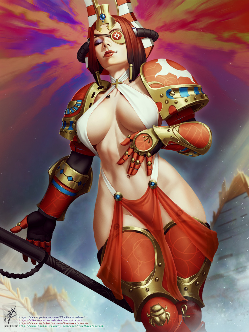 1girl adeptus_astartes armor armored_boots artist_name bangs blue_sky blunt_bangs bob_cut boots breasts cleavage closed_eyes closed_mouth collarbone egyptian egyptian_architecture eyeliner eyepatch gauntlets helmet highres holding holding_staff lips makeup monokini navel one-piece_swimsuit outdoors pauldrons pelvic_curtain power_armor red_hair short_hair shoulder_armor sky smile solo space_marine staff stomach swimsuit themaestronoob thousand_sons warhammer_40k web_address white_one-piece_swimsuit