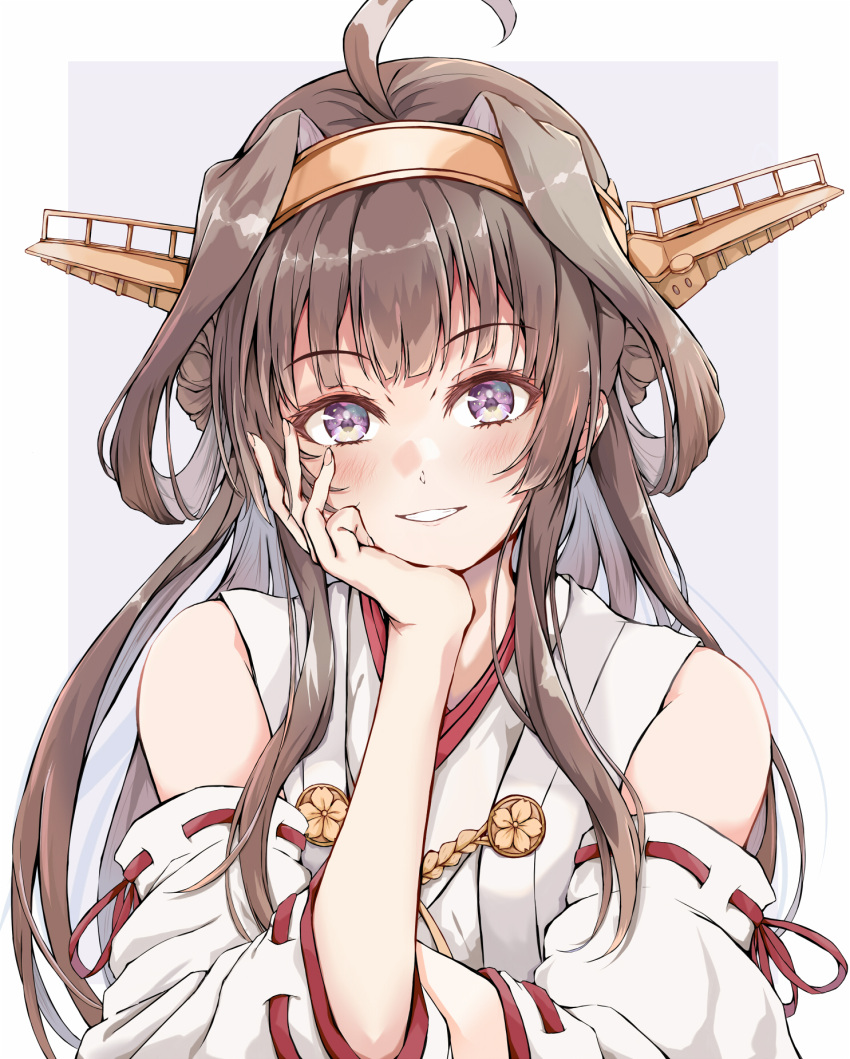 1girl ahoge bare_shoulders blush brown_hair dairyo3 detached_sleeves double_bun fingernails grin hair_bun hand_on_own_cheek hand_on_own_face highres japanese_clothes kantai_collection kongou_(kancolle) kongou_kai_ni_(kancolle) long_hair looking_at_viewer nontraditional_miko purple_eyes ribbon-trimmed_sleeves ribbon_trim sidelocks smile solo upper_body white_sleeves wide_sleeves