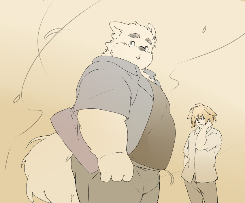 2023 anthro belly bottomwear canid canine canis clothing domestic_dog duo hi_res inunoshippo kemono male mammal overweight overweight_male pants shirt topwear