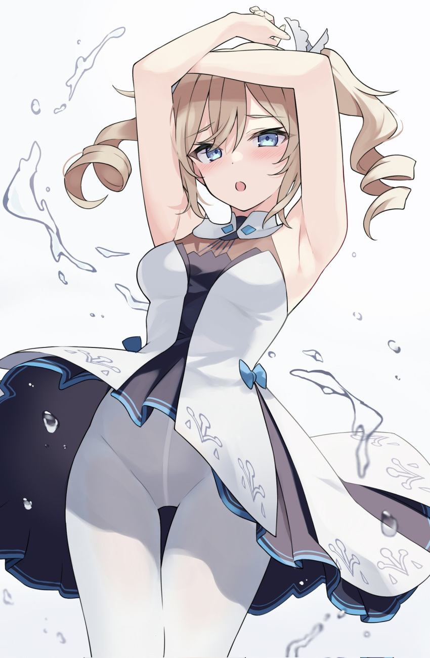 100 1girl armpits arms_up bangs barbara_(genshin_impact) bare_shoulders blonde_hair blue_eyes blush breasts detached_collar dress genshin_impact highres long_hair looking_at_viewer medium_breasts open_mouth pantyhose solo thighs twintails water white_dress white_pantyhose