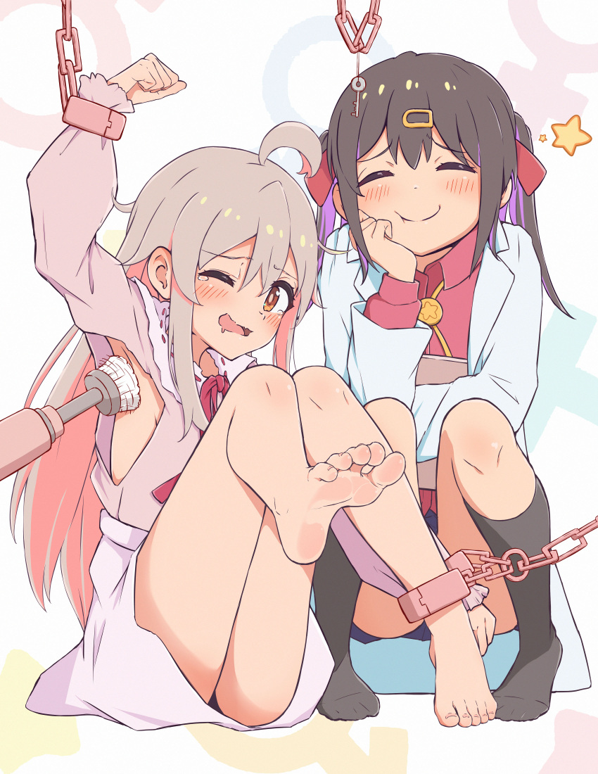 2girls absurdres ahoge arm_up armpit_cutout bangs bare_legs barefoot black_socks blush brown_eyes brown_hair chain chinese_commentary closed_mouth clothing_cutout coat colored_inner_hair commentary_request cuffs eyelashes feet grey_hair grey_socks hair_between_eyes highres knees_up labcoat legs long_hair long_sleeves multicolored_hair multiple_girls neck_ribbon no_shoes one_eye_closed onii-chan_wa_oshimai! open_mouth oyama_mahiro pink_hair pink_shirt pink_skirt purple_hair qiufengxiaose red_ribbon restrained ribbon shirt siblings sidelocks sisters sitting skirt smile socks soles squatting streaked_hair tearing_up thighs tickle_torture tickling toenails toes twintails white_coat